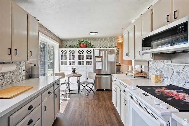 kitchen featuring stainless steel appliances, light countertops, backsplash, and dark wood-style flooring