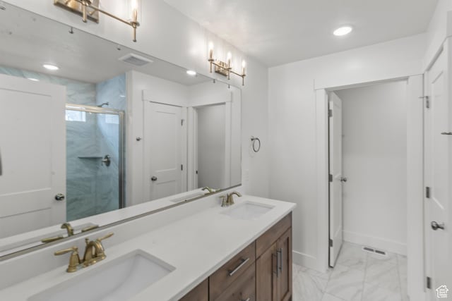556 N 800 W, Smithfield, UT 84335 - full bathroom featuring a marble finish shower, a sink, visible vents, baseboards, and marble finish floor