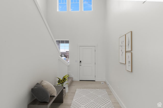 556 N 800 W, Smithfield, UT 84335 - doorway with light wood-style flooring, a high ceiling, and baseboards