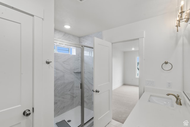 556 N 800 W, Smithfield, UT 84335 - bathroom with vanity, baseboards, recessed lighting, and a shower stall