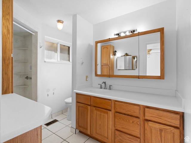 full bathroom featuring tile patterned flooring, visible vents, toilet, vanity, and a ceiling fan
