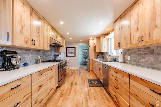 1550 E 2100 N, North Logan, UT 84341 - kitchen featuring a sink, light brown cabinetry, appliances with stainless steel finishes, light wood-style flooring, and under cabinet range hood