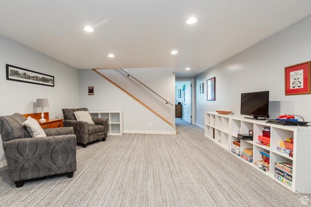 1550 E 2100 N, North Logan, UT 84341 - carpeted living room featuring baseboards, stairs, and recessed lighting