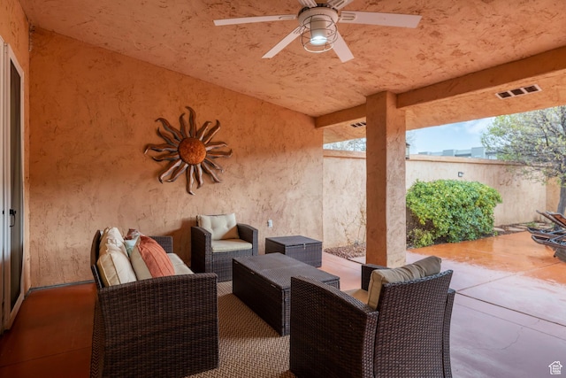1999 W Canyon Dr Unit 3, St George, UT 84770 - view of patio / terrace with outdoor lounge area, visible vents, ceiling fan, and fence