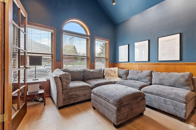 56 S 1000 E, Springville, UT 84663 - living room with wainscoting, light wood-style floors, high vaulted ceiling, and wood walls