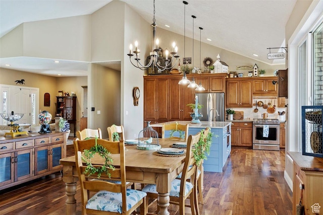 dining room with an inviting chandelier, dark wood-style flooring, a wealth of natural light, and high vaulted ceiling