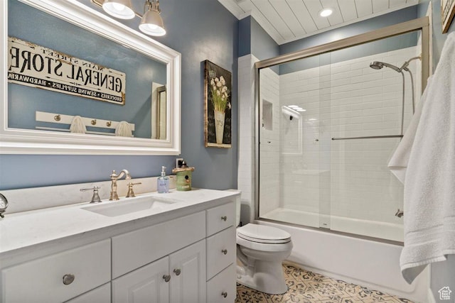 full bath with vanity, recessed lighting, shower / bath combination with glass door, and toilet