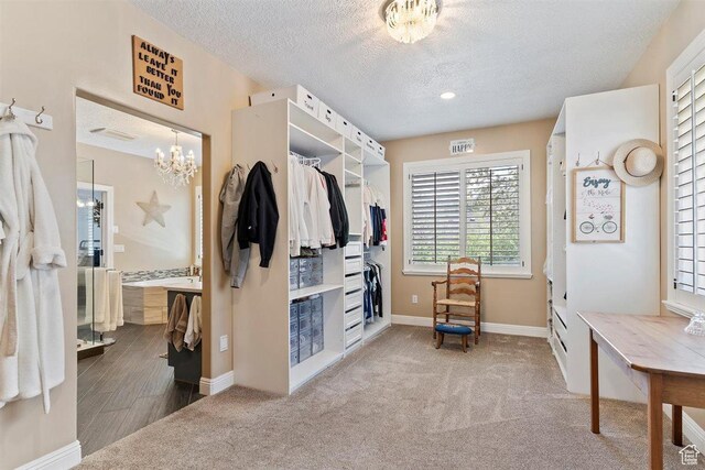 spacious closet featuring carpet and a notable chandelier
