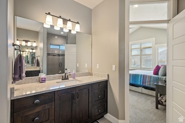 4423 Ranch Blvd, Mountain Green, UT 84050 - bathroom featuring a stall shower, vanity, ensuite bathroom, vaulted ceiling, and baseboards