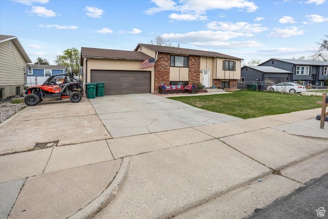 view of front facade with a residential view, a front lawn, driveway, a garage, and brick siding
