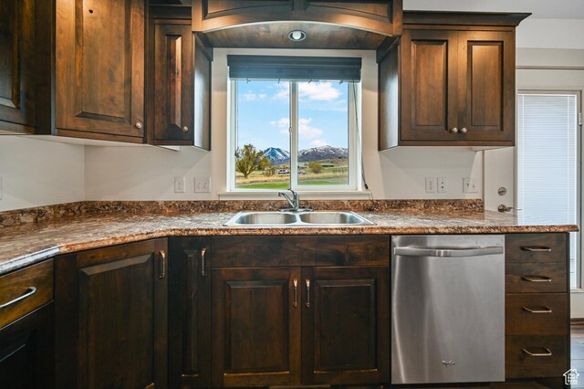 8050 W 1900 N, Petersboro, UT 84325 - kitchen featuring a sink, dark countertops, stainless steel dishwasher, and dark brown cabinets