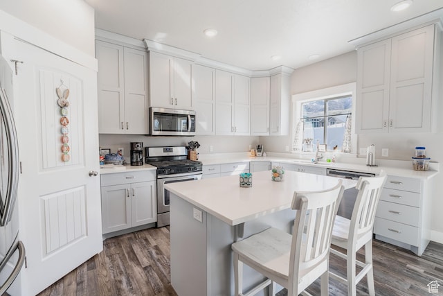 16 N 1000 E, Hyde Park, UT 84318 - kitchen featuring a kitchen breakfast bar, a sink, appliances with stainless steel finishes, dark wood-style floors, and a kitchen island