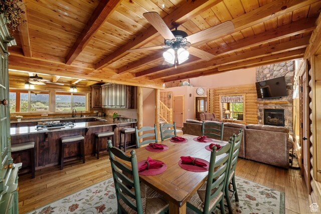 2592 S 2900 E, New Harmony, UT 84757 - dining room featuring wooden ceiling, a wealth of natural light, ceiling fan, and light wood-style flooring