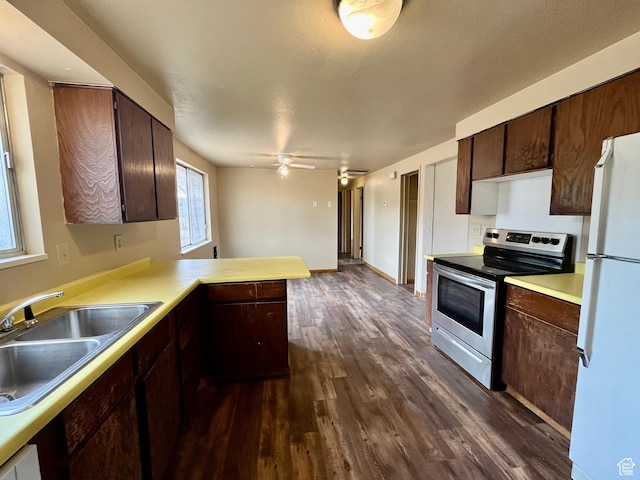736 Westwood Ave, Moab, UT 84532 - kitchen featuring a sink, electric range, a peninsula, dark wood-style flooring, and freestanding refrigerator