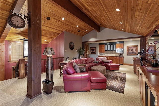 57 E 445 S, Garden City, UT 84028 - living room with wood ceiling, light carpet, vaulted ceiling with beams, and recessed lighting