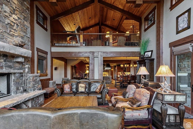 57 E 445 S, Garden City, UT 84028 - living room featuring wood ceiling, wood finished floors, high vaulted ceiling, and a notable chandelier