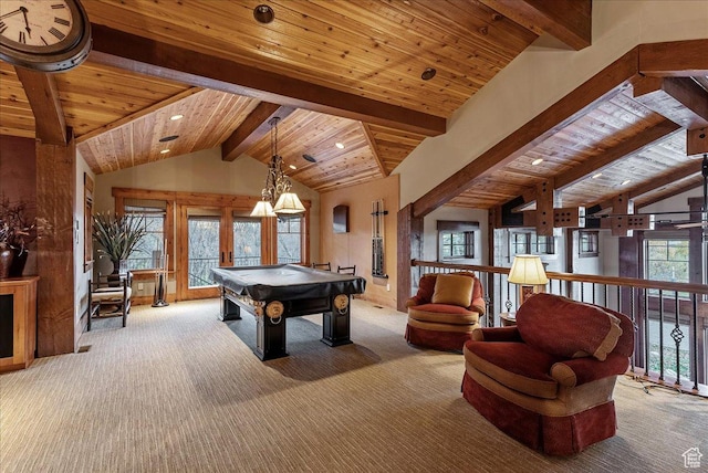 57 E 445 S, Garden City, UT 84028 - rec room featuring wooden ceiling, carpet floors, billiards, and lofted ceiling with beams