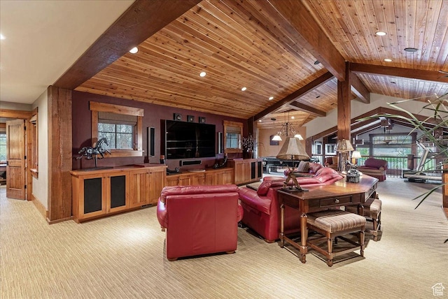 57 E 445 S, Garden City, UT 84028 - living room with wood ceiling, lofted ceiling with beams, carpet floors, and recessed lighting