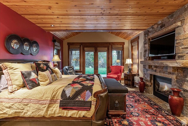 57 E 445 S, Garden City, UT 84028 - bedroom featuring vaulted ceiling, a stone fireplace, french doors, wood ceiling, and access to outside