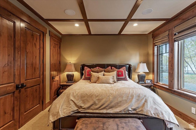 57 E 445 S, Garden City, UT 84028 - bedroom with beamed ceiling, carpet floors, recessed lighting, and coffered ceiling