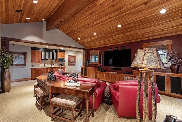 57 E 445 S, Garden City, UT 84028 - living area featuring recessed lighting, beam ceiling, light colored carpet, and wooden ceiling