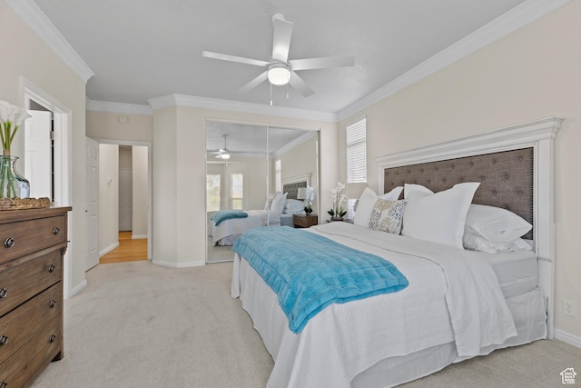 890 N Sky Mountain Ct, Hurricane, UT 84737 - bedroom with crown molding, light carpet, a closet, baseboards, and a ceiling fan