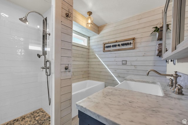 9185 S 200 W, Paradise, UT 84328 - bathroom with vanity, wood walls, a stall shower, and a bathing tub