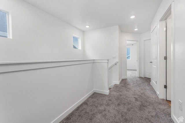 488 N Trident Dr, Saratoga Springs, UT 84045 - hallway with recessed lighting, carpet floors, baseboards, and an upstairs landing