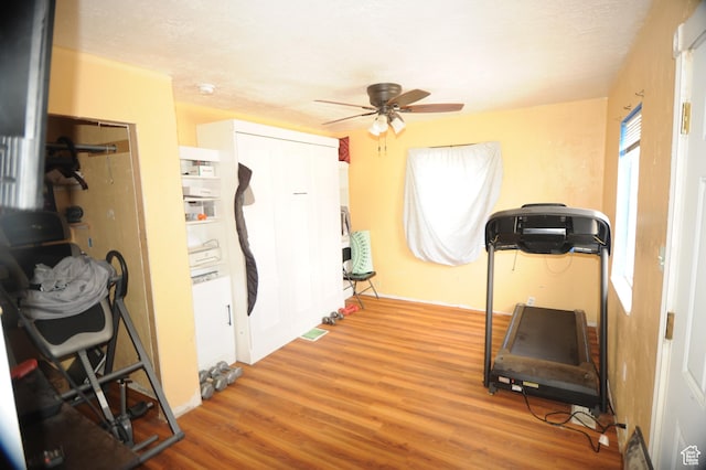 exercise area with ceiling fan and wood finished floors