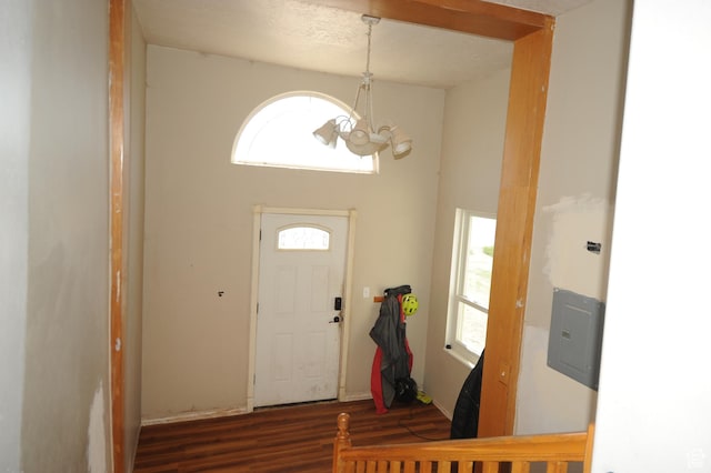 foyer featuring wood finished floors, a high ceiling, and an inviting chandelier