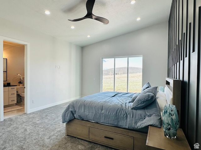 2747 S Country Club Way, Garden City, UT 84028 - bedroom featuring carpet floors, recessed lighting, vaulted ceiling, ensuite bath, and ceiling fan