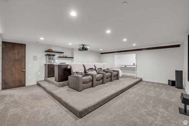 1622 E Abajo Peak Cir Unit Tv-23, Heber City, UT 84032 - cinema room featuring bar, light colored carpet, baseboards, visible vents, and recessed lighting