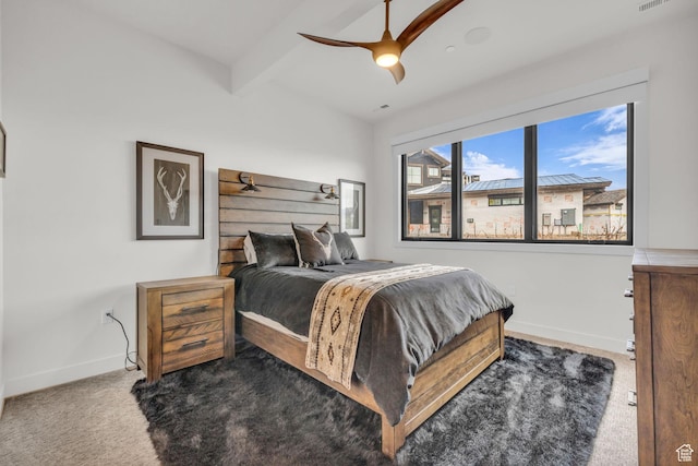 1622 E Abajo Peak Cir Unit Tv-23, Heber City, UT 84032 - carpeted bedroom featuring beamed ceiling, visible vents, baseboards, and ceiling fan