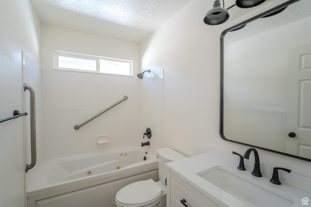 2976 E Saddle Rock Rd, Eagle Mountain, UT 84005 - bathroom with a combined bath / shower with jetted tub, a textured ceiling, vanity, and toilet