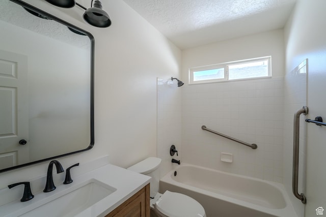 2976 E Saddle Rock Rd, Eagle Mountain, UT 84005 - bathroom with bathing tub / shower combination, vanity, a textured ceiling, and toilet