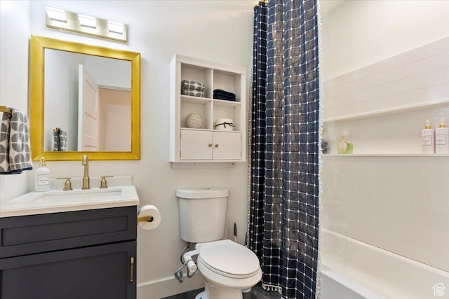 5651 W Meadow Cir, Mountain Green, UT 84050 - bathroom featuring baseboards, shower / bath combo with shower curtain, toilet, and vanity