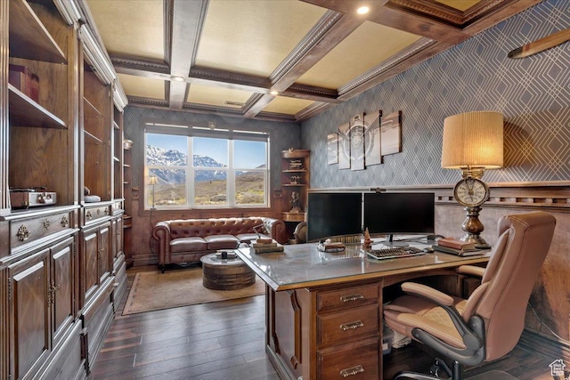 5651 W Meadow Cir, Mountain Green, UT 84050 - home office featuring beamed ceiling, dark wood-type flooring, and coffered ceiling
