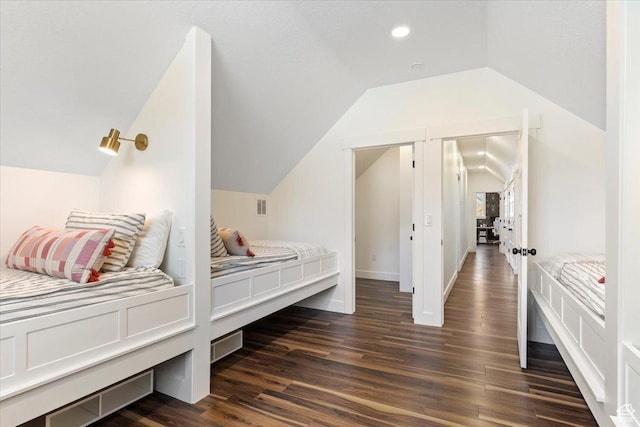 5651 W Meadow Cir, Mountain Green, UT 84050 - bedroom with visible vents, baseboards, lofted ceiling, dark wood-style floors, and recessed lighting
