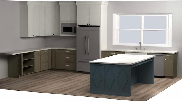 1338 S 450 E, Payson, UT 84651 - kitchen with paneled built in fridge, white microwave, dishwasher, light wood-style flooring, and light countertops