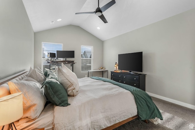 carpeted bedroom with vaulted ceiling, visible vents, baseboards, and ceiling fan
