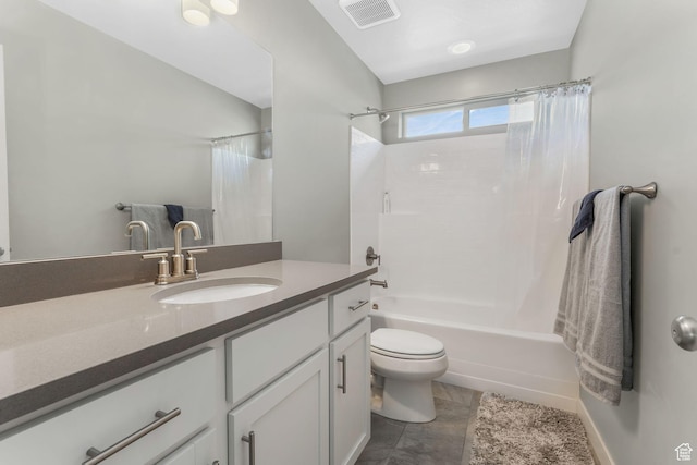 full bath featuring shower / tub combo, visible vents, vanity, and toilet