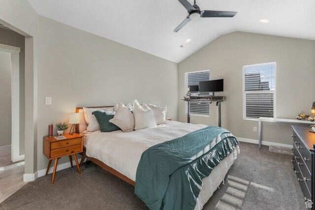 carpeted bedroom featuring recessed lighting, vaulted ceiling, a ceiling fan, and baseboards
