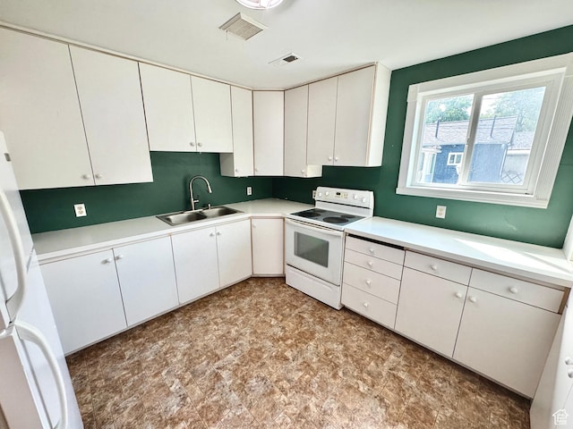 993 E 200 N, Provo, UT 84606 - kitchen with white cabinetry, a sink, white appliances, and light countertops