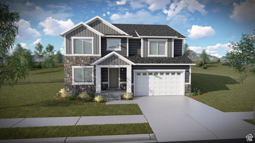 craftsman house with a front lawn, stone siding, concrete driveway, a garage, and board and batten siding