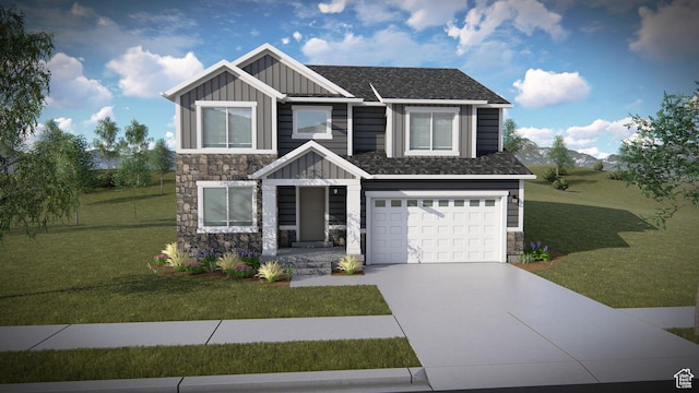 craftsman house with a front lawn, stone siding, concrete driveway, a garage, and board and batten siding