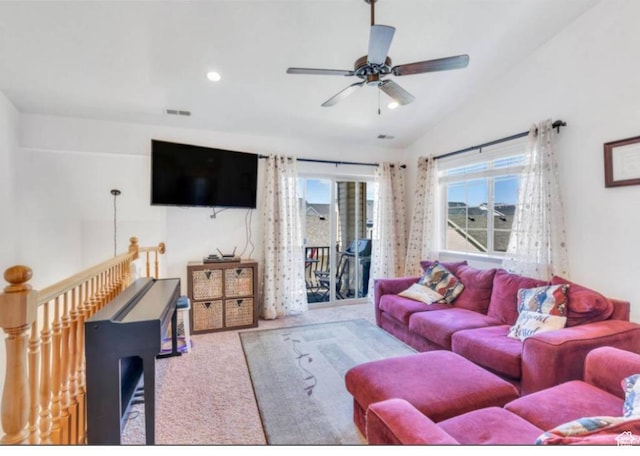 2522 W 500 S Unit 6, Springville, UT 84663 - carpeted living room featuring recessed lighting, vaulted ceiling, visible vents, and ceiling fan
