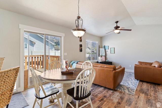 3295 S 1500 W, Perry, UT 84302 - dining area featuring ceiling fan, lofted ceiling, wood finished floors, and baseboards