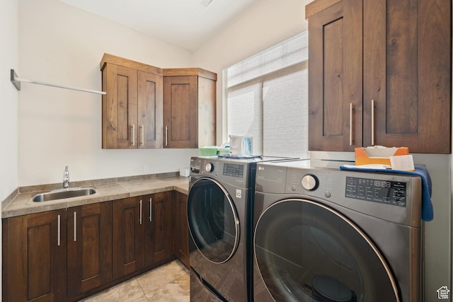 2356 S 1300 W, St George, UT 84770 - laundry room featuring washer and dryer, cabinet space, a sink, and light tile patterned floors