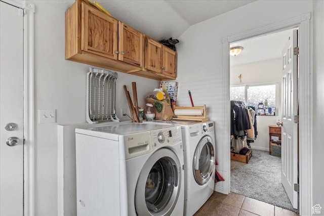 2669 S Liberty Ave E, Ogden, UT 84401 - clothes washing area featuring cabinet space, independent washer and dryer, light carpet, and light tile patterned floors