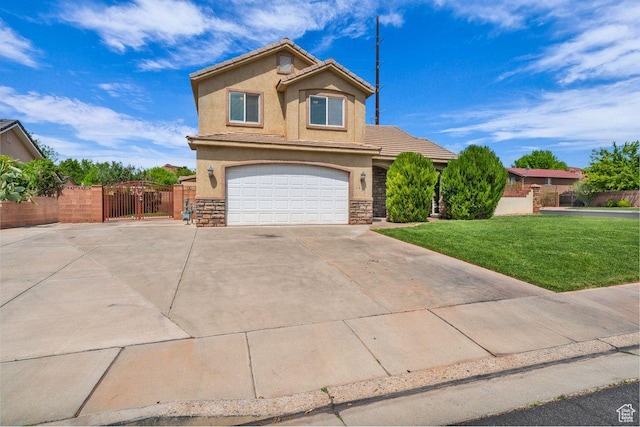 traditional-style house featuring a gate, a tiled roof, a front lawn, concrete driveway, and a garage